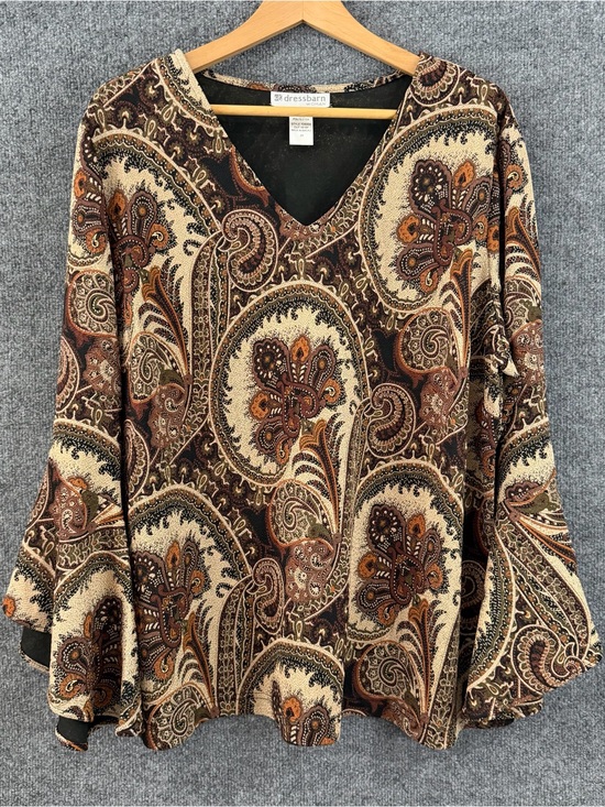 dressbarn Tops - DressBarn Womens 2X Boho Paisley Top Brown Tan Bell Sleeve Office Peasant Fall